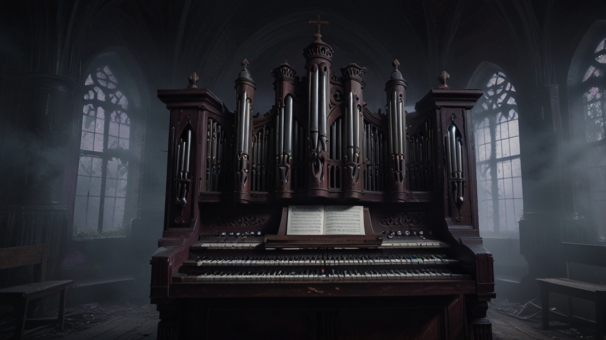 Заброшенный орган в церкви, окруженный завихрениями тумана