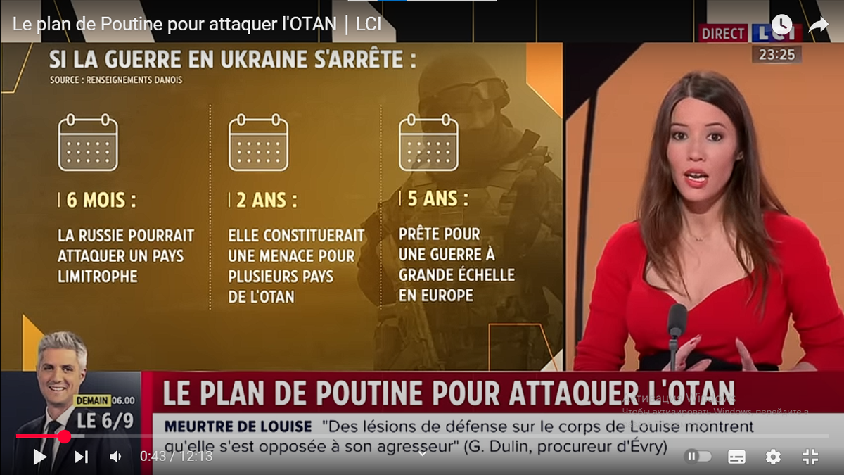 Ведущая обнародует планы России на ближайшие 6 месяцев, два года и 5 лет. Источник: канал LCI в YouTube.