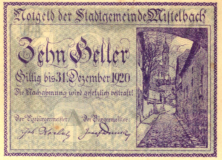 Мистельбах, 10 геллеров (аверс) вид на приходскую церковь со стороны Кирхенгассе