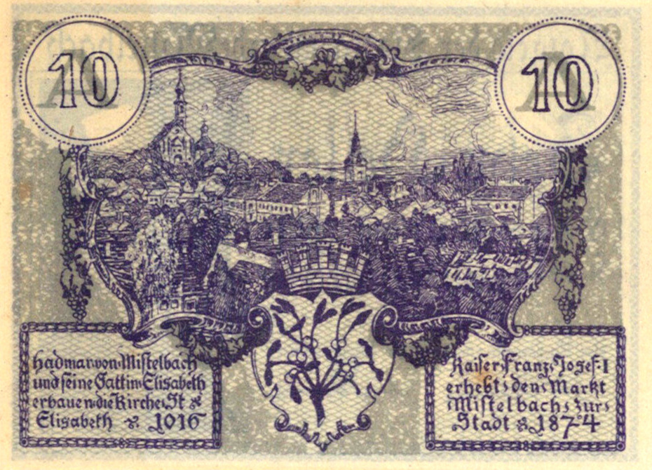 Мистельбах, 10 геллеров (реверс) вид город с западной стороны