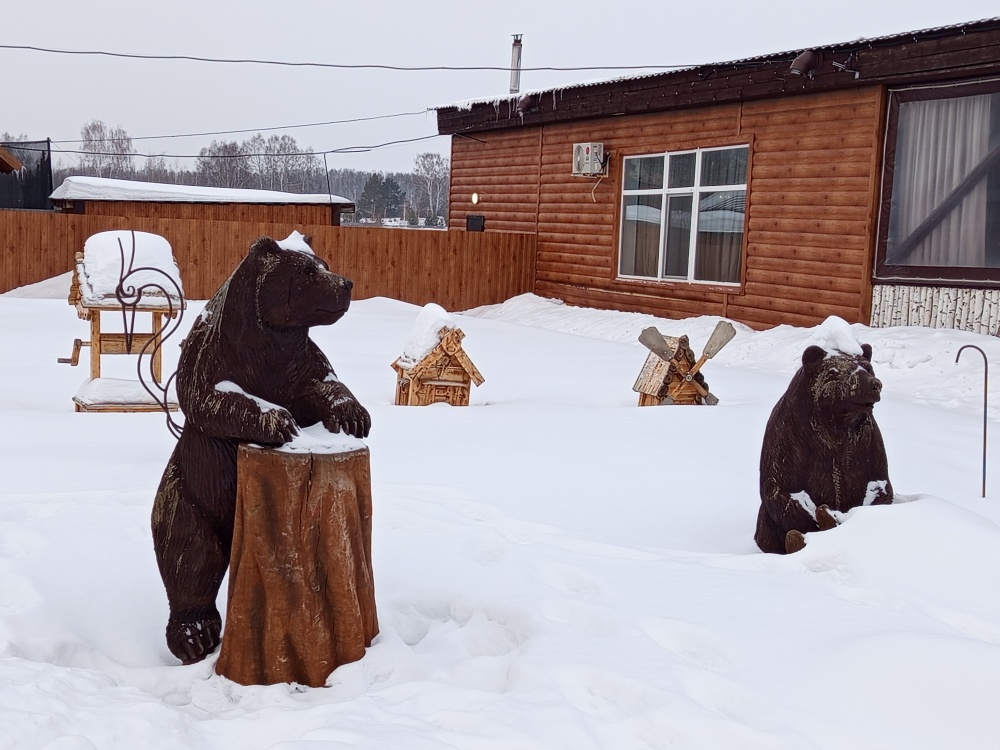 Полянка напротив индивидуальных беседок, дальше территория с пейнтболом. Сдругой стороны кафе катаются на снегоходах.