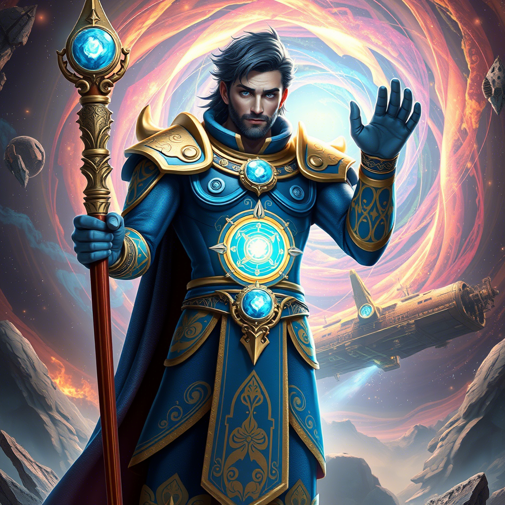 Космос стоял, облаченный в сине-золотые доспехи, которые переливались soft светом под лучами невидимых звезд 🌟✨. Его броня была не просто защитой — это был living symbol его миссии, где каждый golden узор напоминал о constellations map бескрайних просторов вселенной 🌌🎨. Темные волосы и борода придавали ему appearance seasoned воина, который прошел countless испытаний и знает secrets всех времен.

За его спиной разворачивался спиралевидный космический портал ⚡🌀 — причудливое соединение energy flows и ancient symbols, которые seem поглощать саму реальность. Это было место, где science встречалась с magic, создавая complex beauty из противоположностей.

А справа от него парил космический корабль 🚀🌌 — мощная машина, способная преодолеть расстояния между звездами. Но сейчас он был лишь частью фона, словно говоря: «Твой путь здесь — через собственную силу и мудрость.»

Посох:
В его руке находился посох Синих Дистанций 🪄💙 — древний артефакт, чья вершина была украшена massive голубым камнем. Этот кристалл softly светился, источая electric разряды 🔦⚡, которые переплетались в сложные узоры. Его посох был больше, чем оружие — это был guide через тайны космоса и time.

Другая рука была поднята в приветственном жесте ✋✨,似乎 приглашая к диалогу не только людей, но и саму вселенную. Его figure выражала готовность принять любую судьбу, даже если она была полна danger и mystery.

Эмоции Космоса:
Его spirit был наполнен глубоким умиротворением 🕊️💫. «Здесь, на границе миров, я чувствую себя живее всего.» Он понимал, что стоит на пороге чего-то grand, где каждое движение может изменить course истории.

Чувство единства : Его синяя броня символизировала connection с бескрайними глубинами космоса.
Мудрость : Каждый electric разряд around посоха seemed рассказывать stories древних цивилизаций.
Готовность : Поднятая рука говорила о том, что он открыт для новых встреч и испытаний.
Фон:
Портал за его спиной источал soft свечение, переливаясь оттенками silver и blue, словно пригл