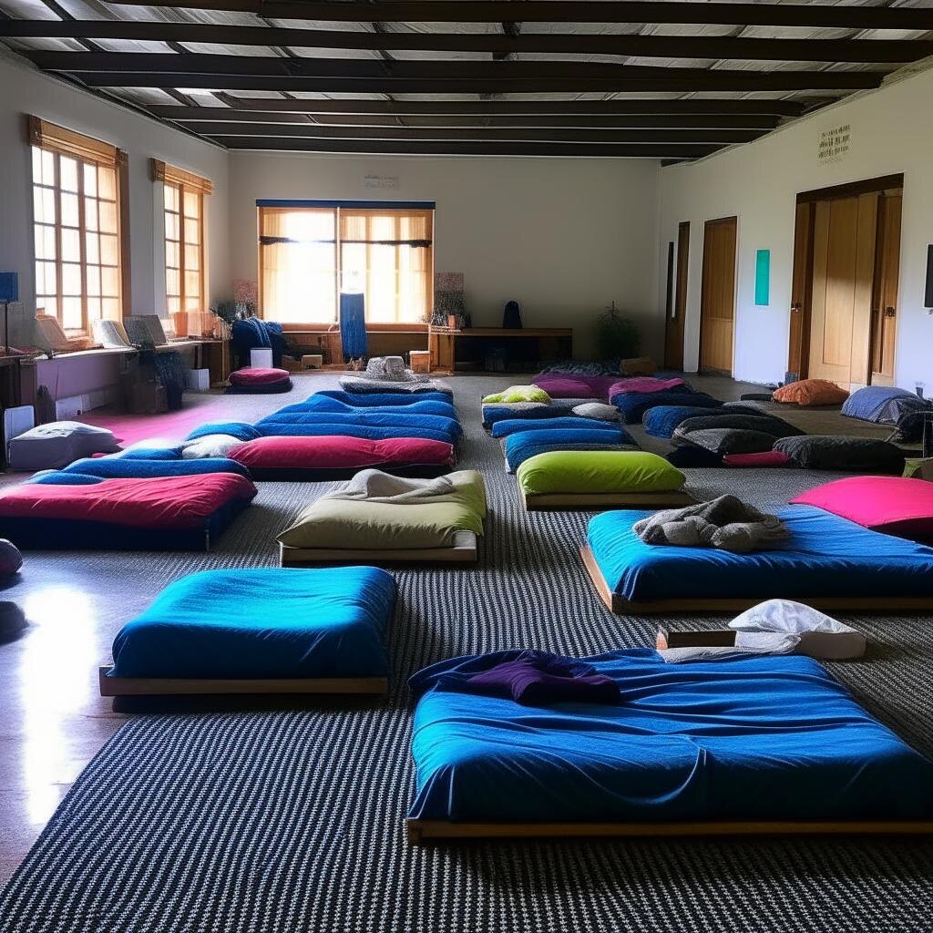 Примерно так выглядит зал для холотропного дыхания. Сгенерированное изображение.