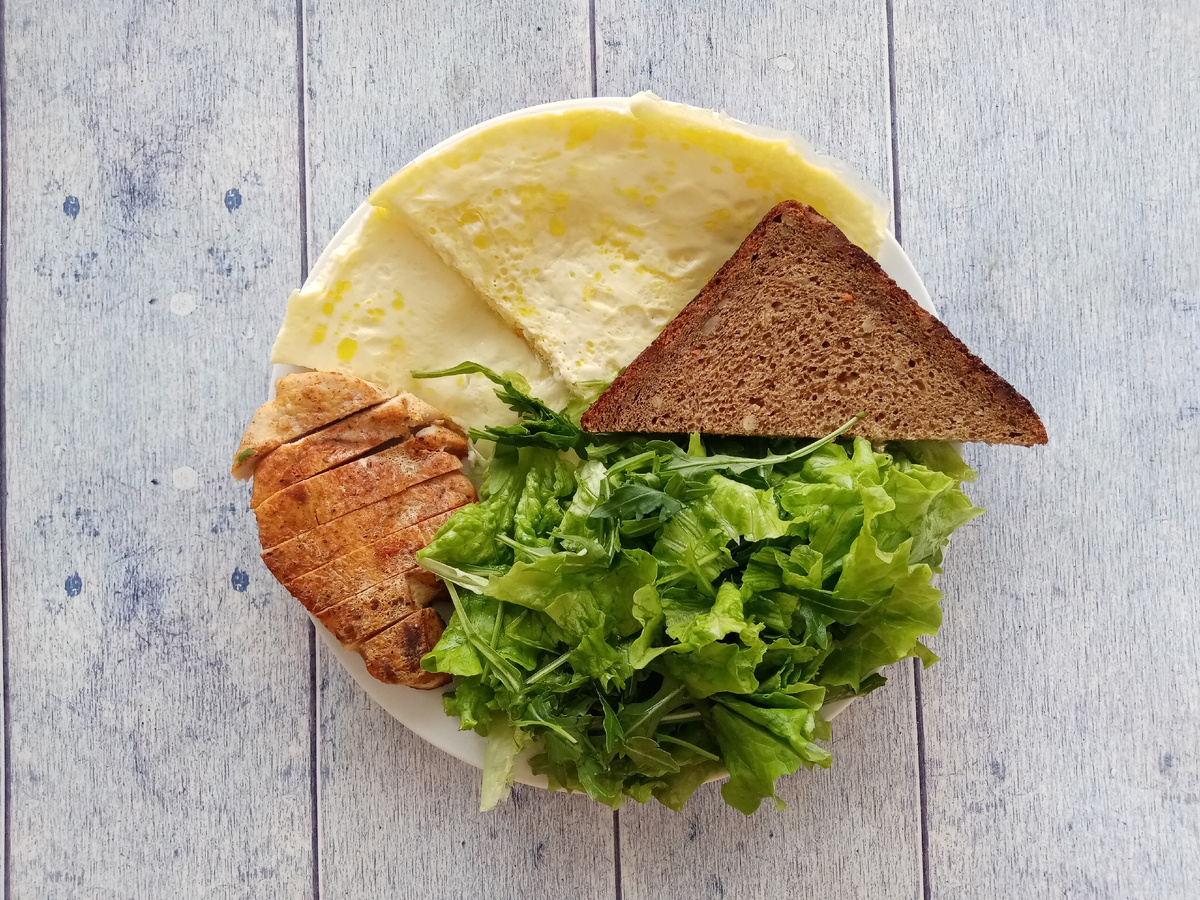 Завтрак. Омлет с творогом, индейка, салат и хлеб. 