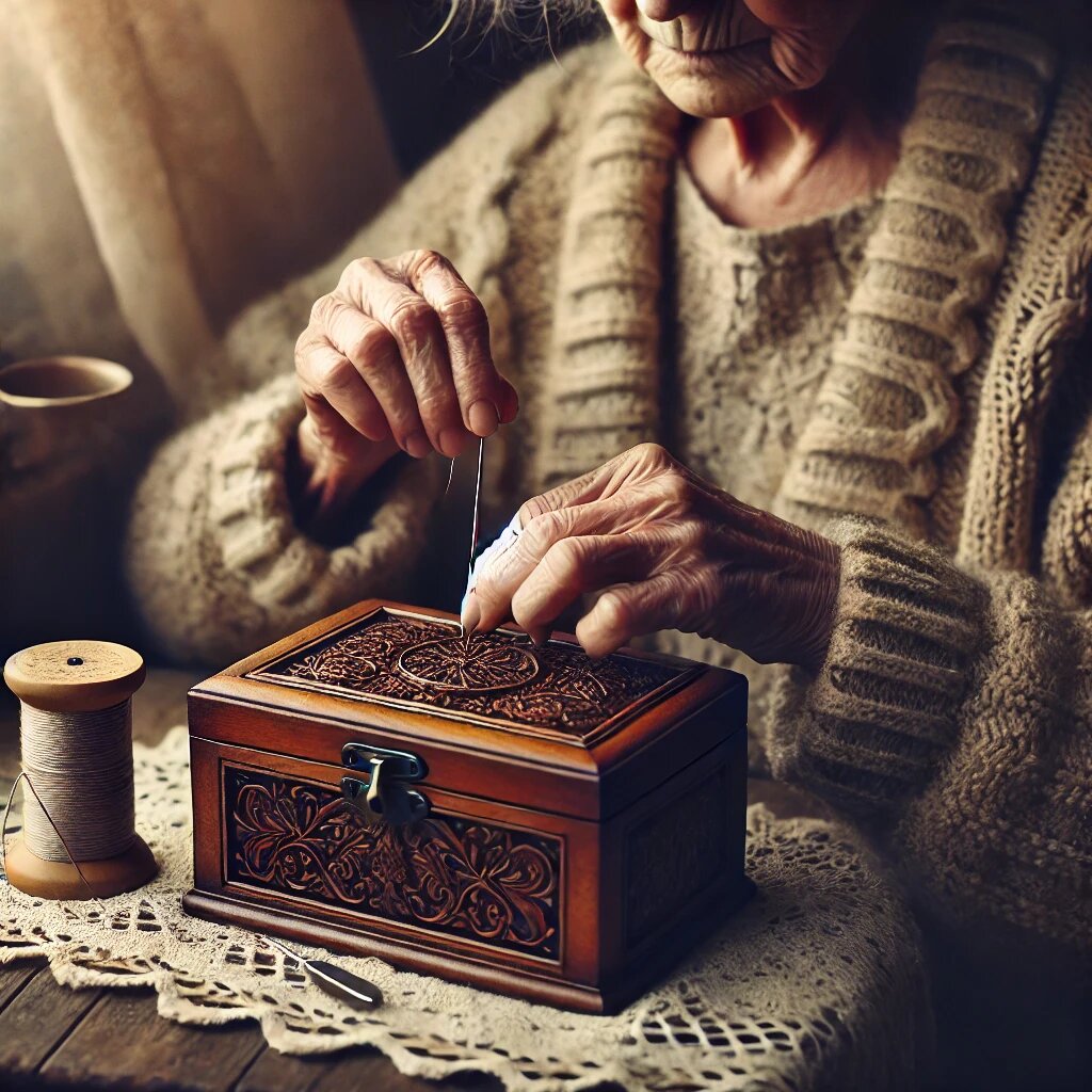 Бабушка достала из шкатулки моток ниток, иголку.