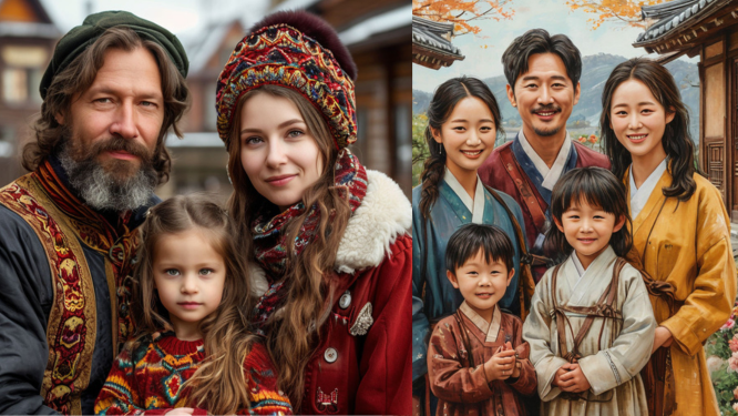 русская и корейская счастливая семья глазами ИИ