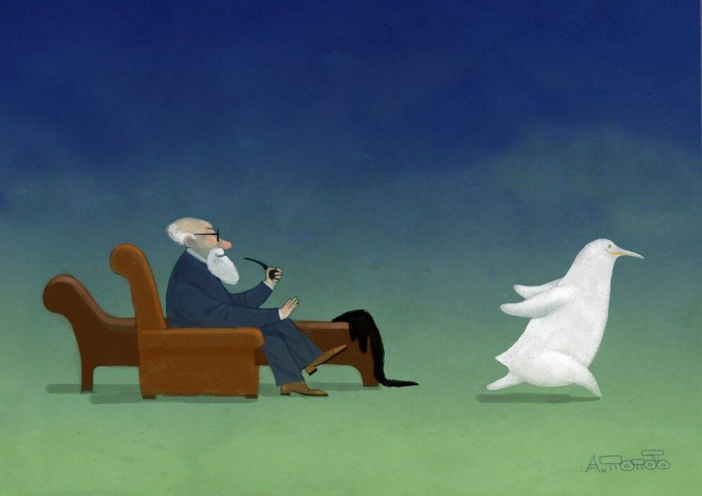  "— ДА-ДА, БЕЛЫЙ, ГОРЯЧИЙ, СОВСЕМ БЕЛЫЙ! " или " ПОСЛЕ СЕАНСА У ДЕДУШКИ ФРЕЙДА "  КАРИКАТУРА ОТ ХУДОЖНИКА АНДРЕЯ ПОПОВА ИЗ ЕГО СЕРИИ " ПИНГВИНИАНА"