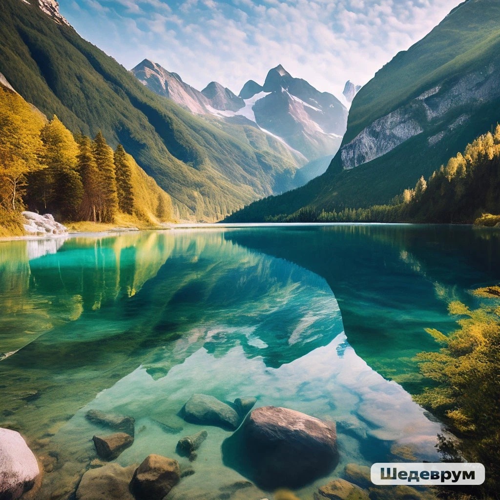 Изображение сгенерировано в нейросети Шедеврум - озеро в горах