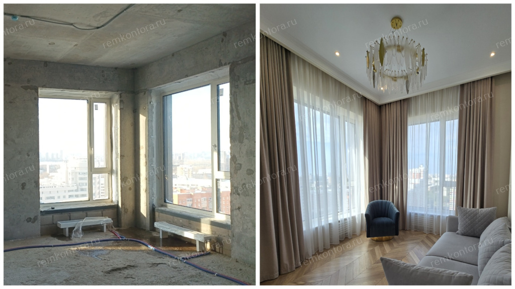 Вид на окна в Гостиной до и после ремонта