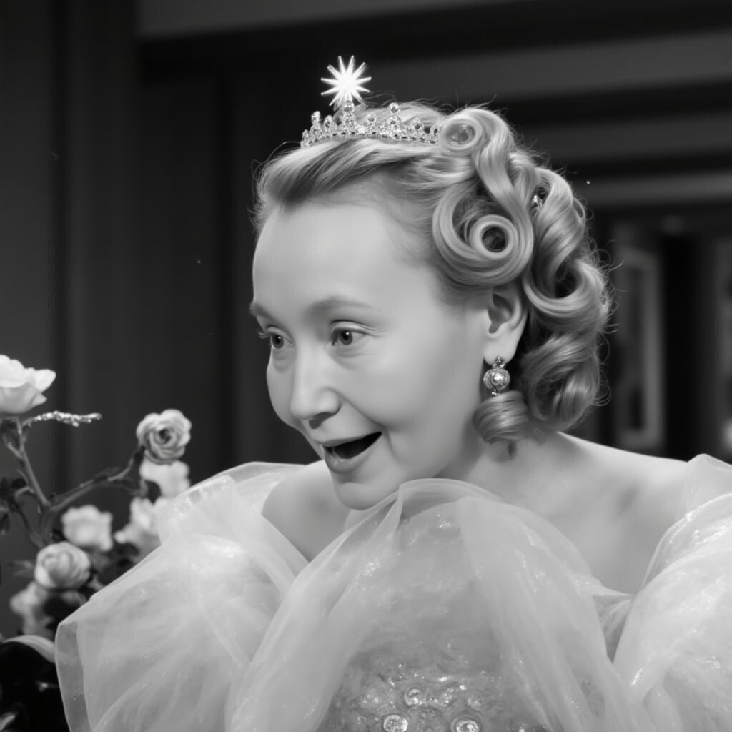 Нейрофото автора GenuineLera в нейросети Krea (Flux), 2025. "Копирование стиля персонажа" на основе знаменитого кадра с Милицей Корьюс из кинофильма "Большой вальс"