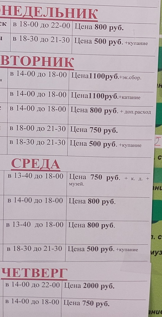 Прейскурант на дополнительные увеселения и экскурсии.