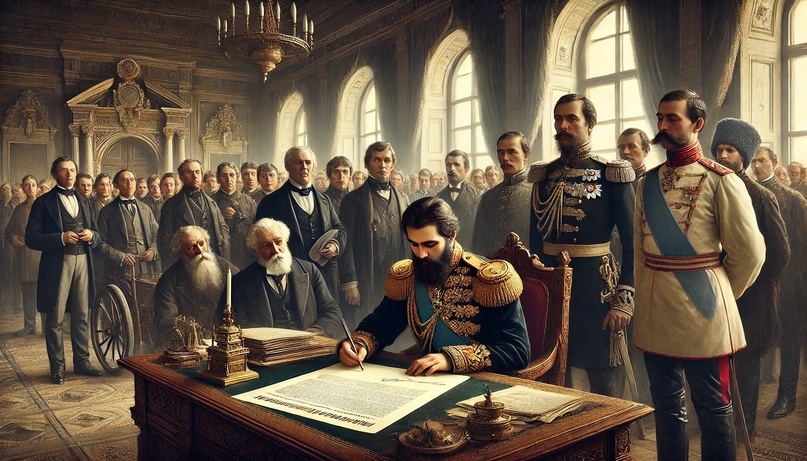 Alexander II signing the Emancipation Reform of 1861, marking a pivotal moment in Russian history.