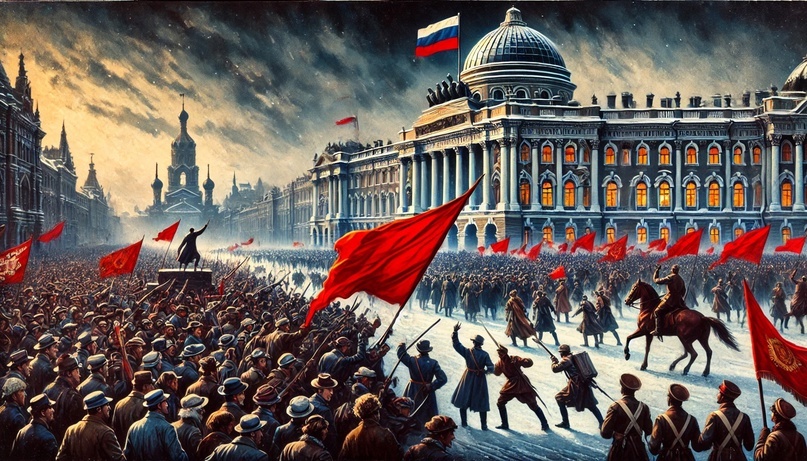 Protesters and soldiers during the February Revolution of 1917, symbolizing the fall of monarchy and the hope for democracy.