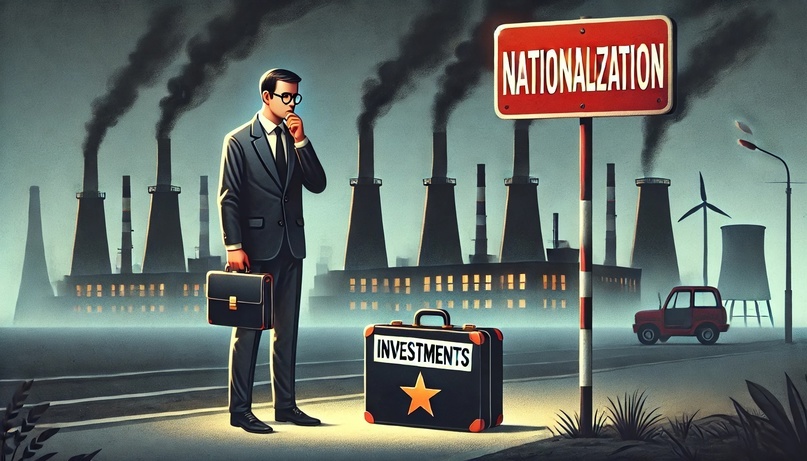 Declining Investor Confidence: A businessman hesitates in front of a 'Nationalization' warning sign.