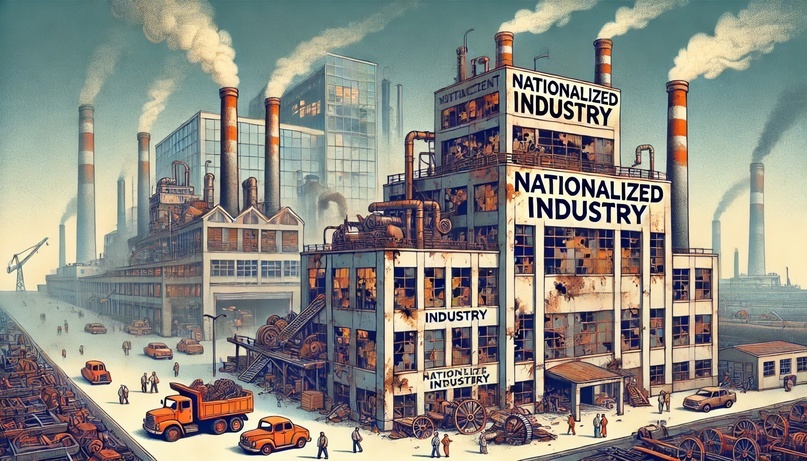 Inefficient State-Owned Enterprises: A rusting factory with broken machinery and idle workers.