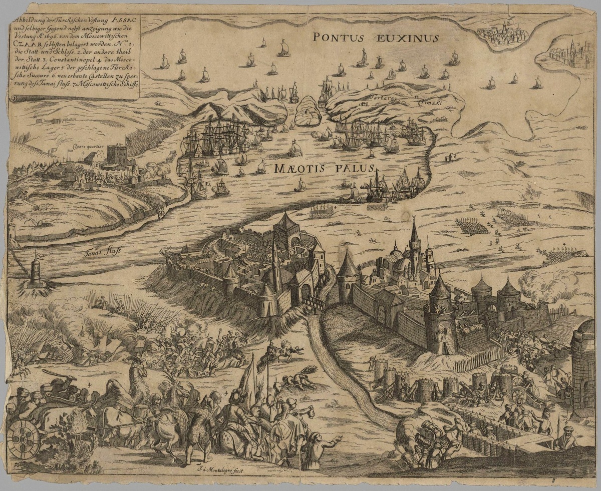 Взятие крепости Азов в 1696 году. Гравюра Монталегре конца XVII века.