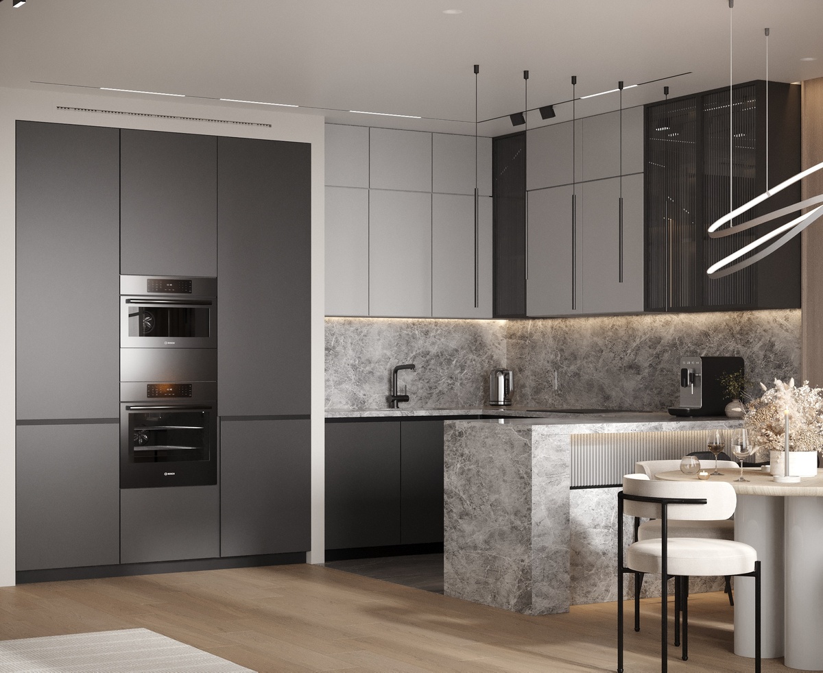 Кухня-гостиная практические без изменений, но обратите внимание на верхние шкафчики