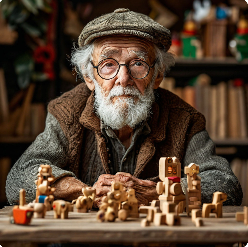 Старик с игрушками…