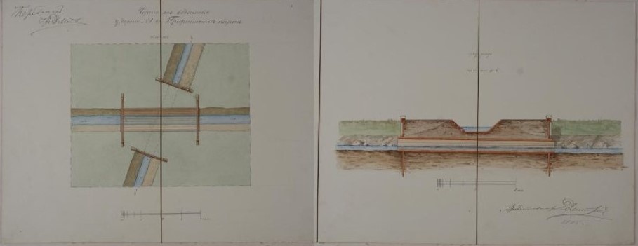 План и разрез водослива в Приоратском парке. ГДМ-278—XII.