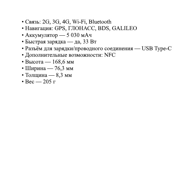 Развёрнутый список характеристик