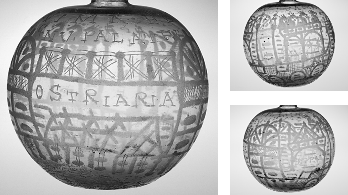   Рис. 11. Стеклянный флакончик, украшенный постройками и видами прибрежного городка Байи в Кампании.