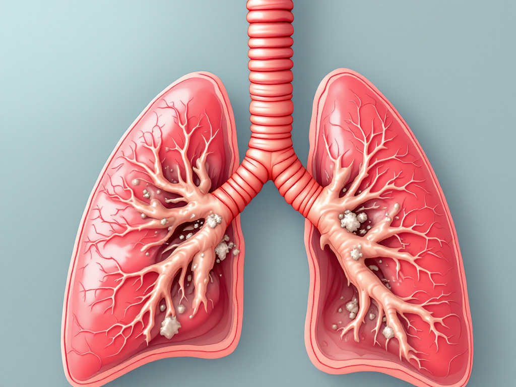 Иллюстрация дыхательных путей с воспаленными бронхами, указывающая на отек и выделение мокроты.