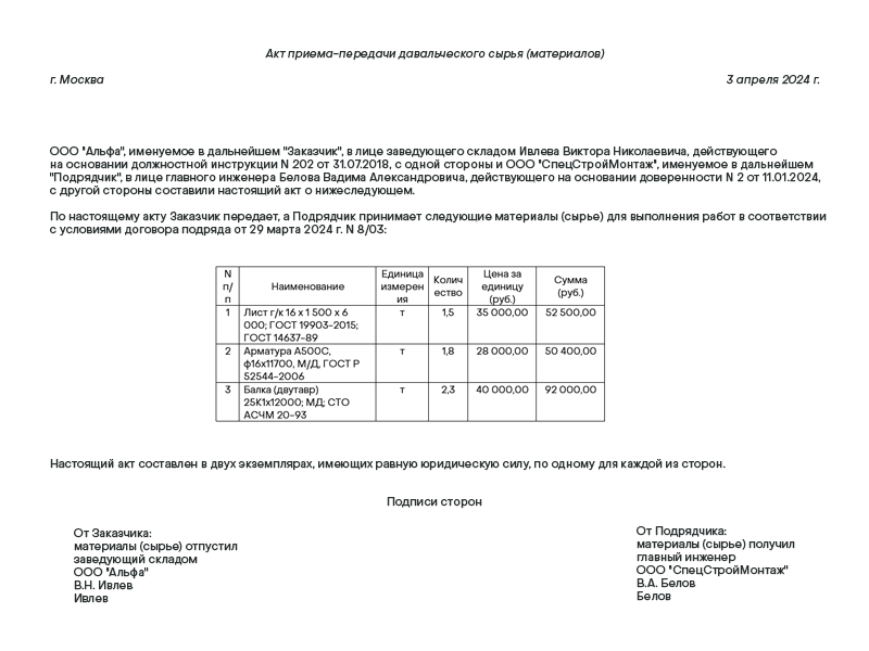 Акт приёма-передачи давальческого сырья