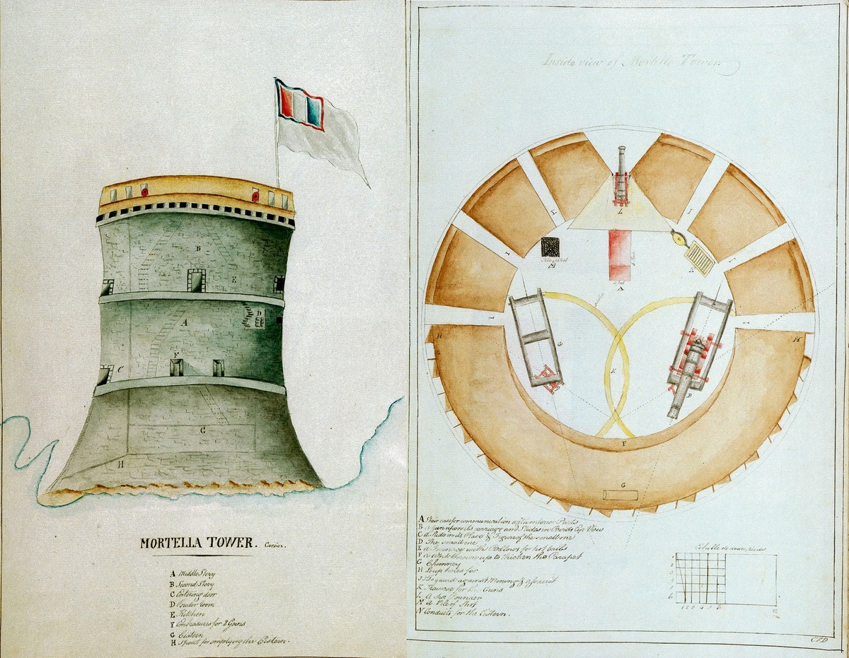 Этот рисунок сделан, предположительно, британским офицером в 1794 году. На нем показан план той самой генуэзской башни на мысе Мартелло на Корсике. Рисунок взят из коллекции Национального морского музея в Лондоне (rmg.co.uk)