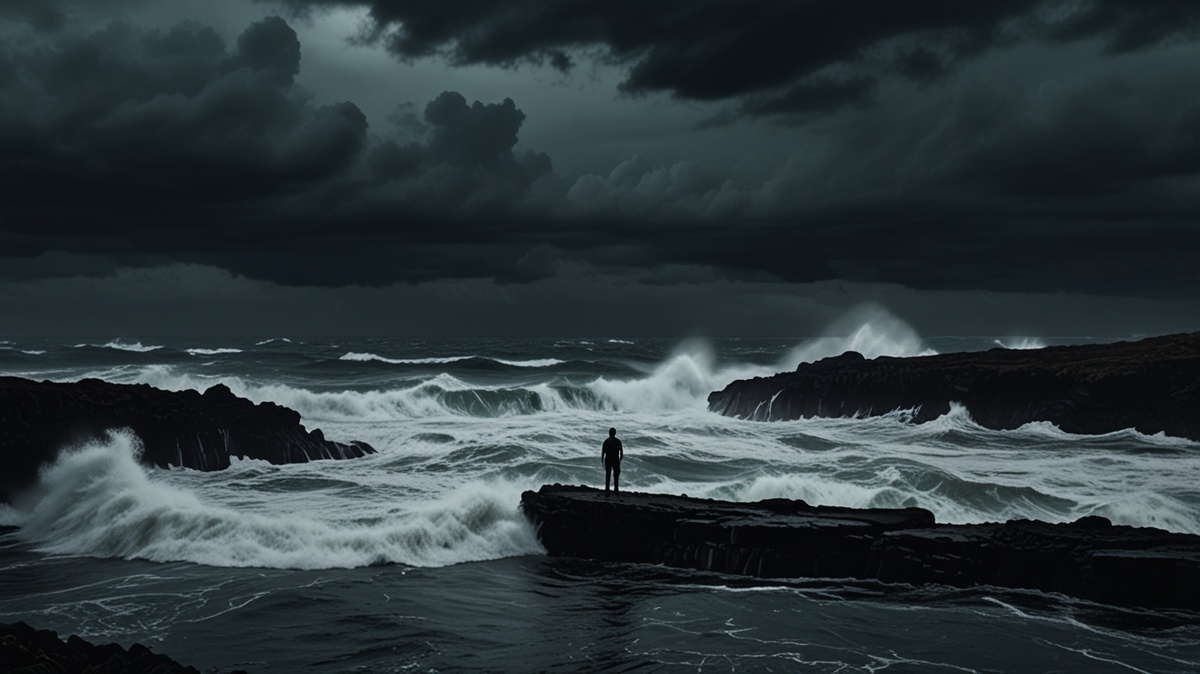 Одинокая фигура на утёсе, смотрящая на бушующее море.