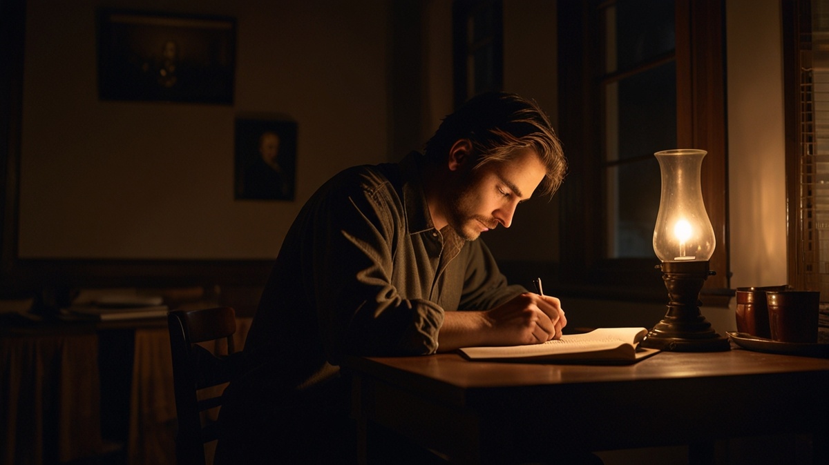 Поэт за столом, пишущий при свечах, с тенями на стенах.