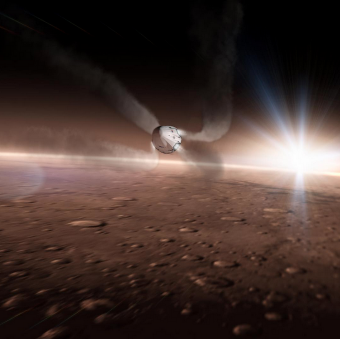 Корабль Red Dragon V2 во время торможения в атмосфере на Марсе (Изображение SpaceX).