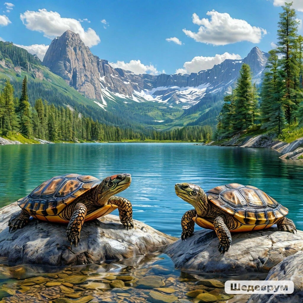 Изображение сгенерировано в нейросети Шедеврум - черепашки