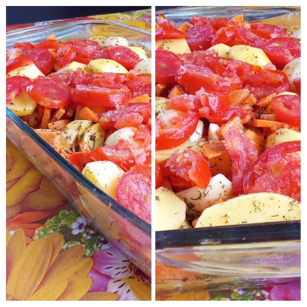 Картошка, много морковки и сверху помидоры из морозили, специи, соль, раст.масло. запекла в стеклянном противне с крышкой. Ноль рублей затрат а вкусно.