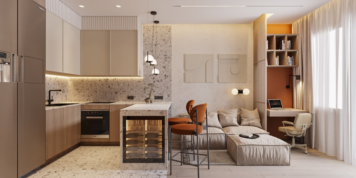 Рабочее место в зоне кухни-гостиной, зонирование с помощью реечной перегородки, вместо стола - консоль. Мой проект в Санкт-Петербурге.