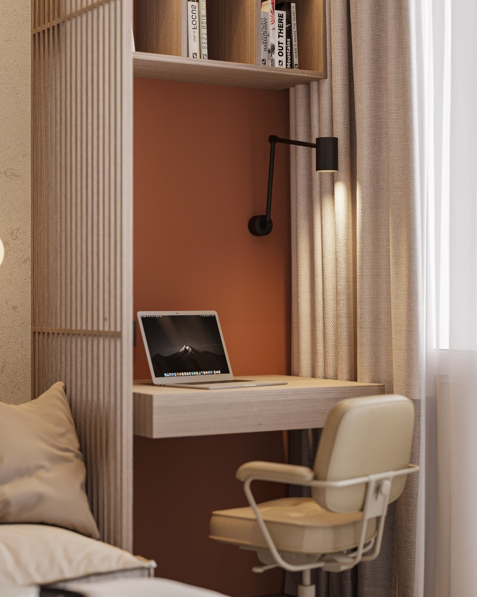 Ближний ракурс этого рабочего места. Все достаточно компактно. Невероятный терракотовый придает интерьеру тепла, уюта, обволакивает в зимнее время года.