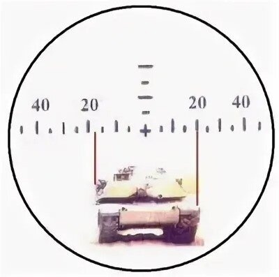 М1А1 "Абрамс", ширина которого равна 3,6 метрам. По сетке бинокля- танк занимает примерно 38 тысячных