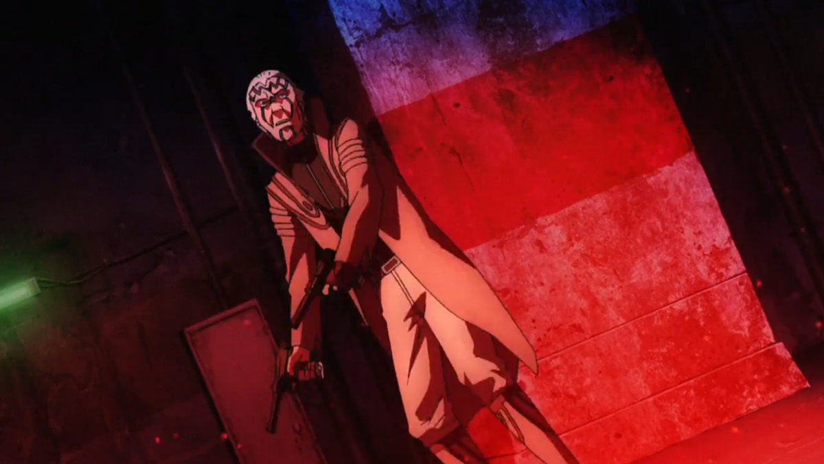 Скрин из полнометражного аниме “Mardock Scramble: The First Compression”; в этом сюжете антагонист вооружается пистолетами “Намбу Тип-14”, т. е. данное оружие выставлено именно злодейским. К слову, это аниме с высоким возрастным рейтингом транслировалось в японских кинотеатрах и выпускалось на носителях, а вот на ТВ… даже не знаю, показывалось или нет. Уточню: я пытался заскринить более удачный кадр, но ничего не получалось, т. к. здешние “Намбу” показаны РЕАЛЬНО мало и обычно в тёмных сценах (ну, словно кто-то… стеснялся, пусть даже уже решившись!). Впрочем, там есть более светлая и детальная сцена с таким пистолетом, но в ней завалены его пропорции; так что для примера не годится!