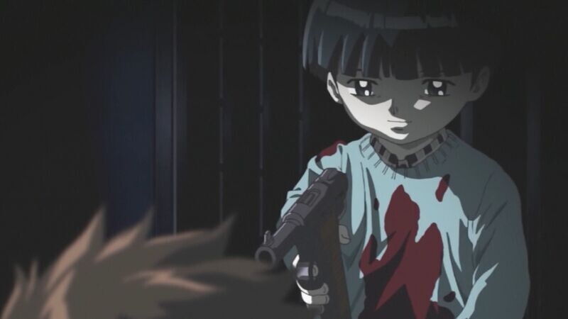 Скрин из аниме-сериала “Лес русалок”; его последняя сюжетная арка, состоящая из двух эпизодов, не показывалась по ТВ – и, что любопытно, именно её антагонист пользовался пистолетом “Намбу Тип-14”.