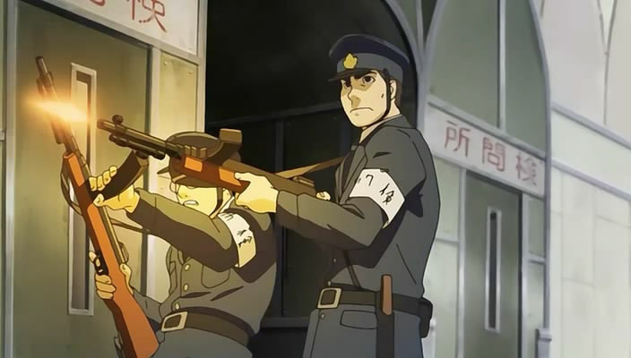 Скрин из аниме-сериала “Человек-череп”. Вот здесь достаточно много японского оружия времён Второй Мировой, притом что сюжет разворачивается в послевоенные годы! Хотя у меня есть предположение, которое могло бы объяснить данную ситуацию «из ряда вон», но я не хочу делать поспешных выводов, т. к. пока не смотрел это аниме. Как посмотрю, напишу своё мнение в комментах.