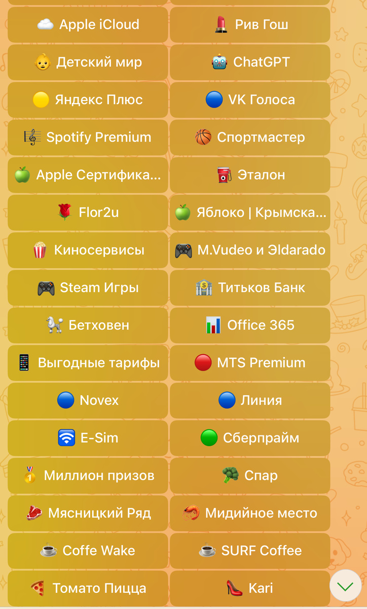 Список сервисов доступных в боте.