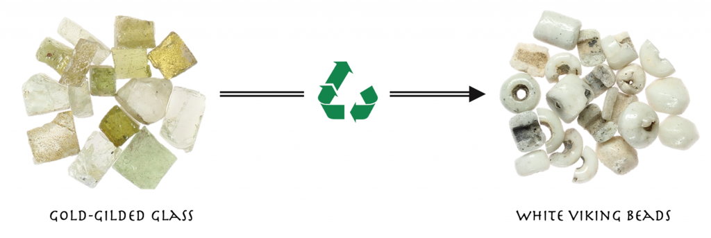 слева: позолоченное стекло;  справа: белые бусины викингов
