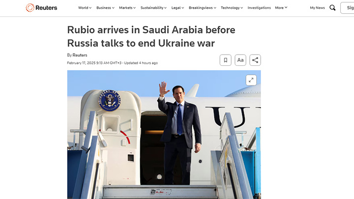 Марко Рубио уже прибыл в Эр-Риад. Переговоры с российской делегацией запланированы на вторник, 18 февраля. Скриншот: Reuters