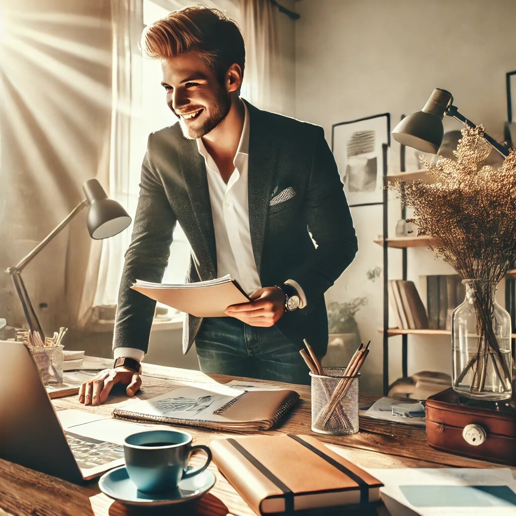 Молодой предприниматель в стильной одежде стоит в небольшом, но современном офисе. Он улыбается, просматривая заявки от клиентов.