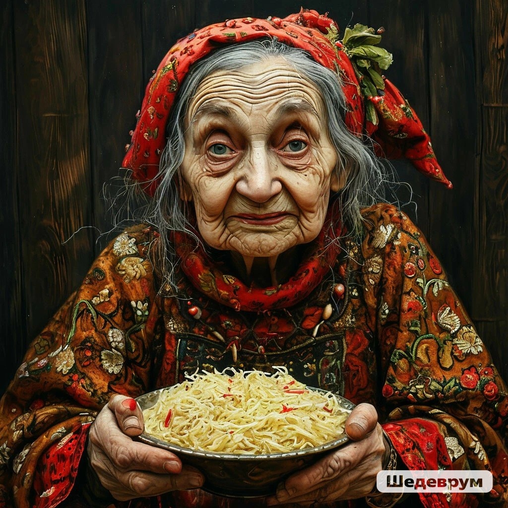 Так ИИ видит Бабу Ягу с тарелкой полезной квашеной капусты))