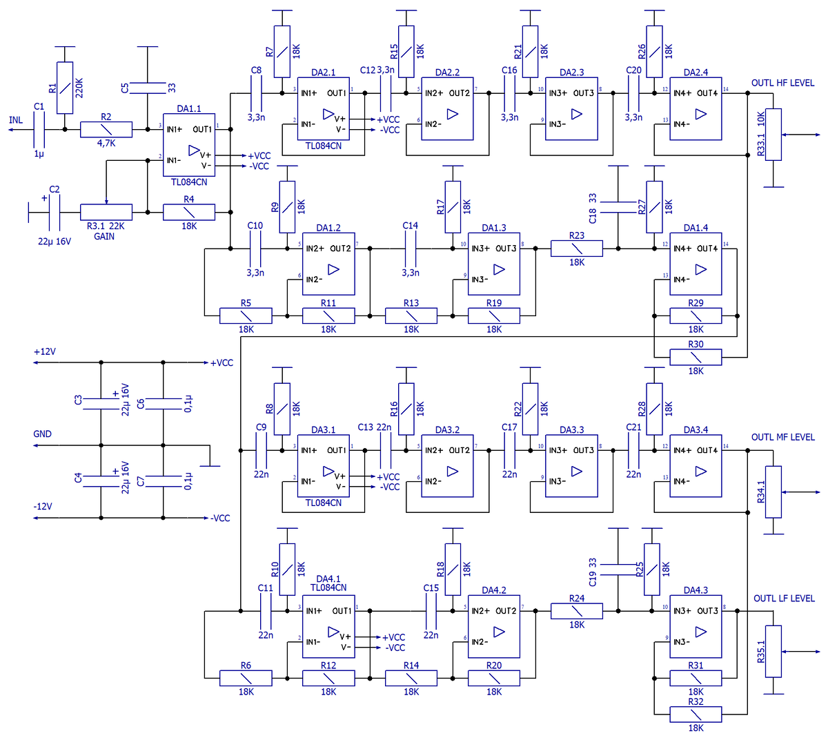 Схема электрическая принципиальная активного разделительного фильтра (кроссовера) НЧ-СЧ-ВЧ