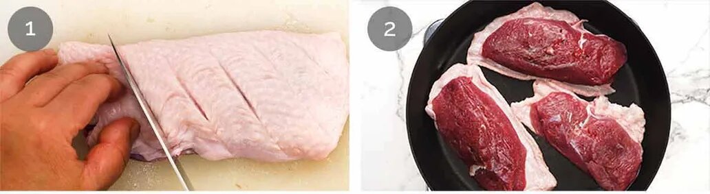 - Обжарьте утку на сковороде до хрустящей корочки.