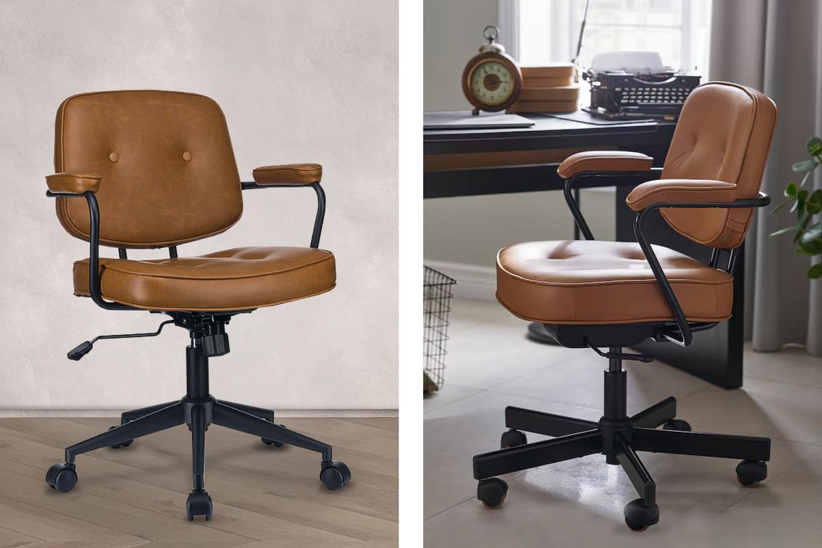 Слева — RV Design Chester из каталога «Экспресс Офиса». Справа — Alefjäll из «ИКЕА». Схожая форма, металлическое основание, мягкие подлокотники и ретродекор в виде стяжки. Цена кресла RV Design Chester — 17 400* рублей, вариант из «ИКЕА» — 30 500* рублей.