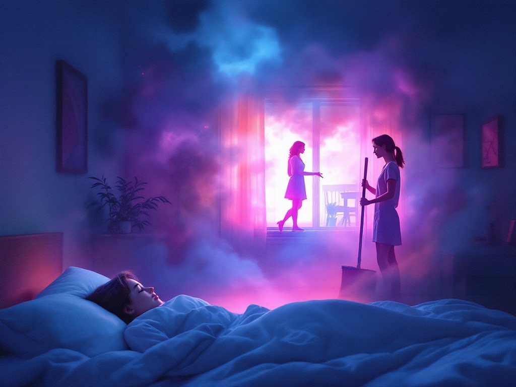    К чему такое снится: На картине изображена женщина, стоящая в квартире с веником в руках. Она метет пол, а напротив неё стоит другая женщина, жестикулирующая в знак несогласия или дискус