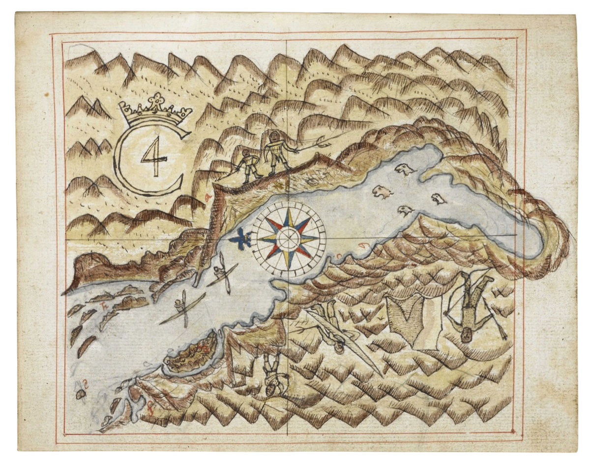 Первая карта, составленная европейцем на основе наземных наблюдений. Автор ​​Джеймс Холл, британский капитан датской экспедиции в 1605 году. «C4» — это сокращение от имени короля Дании Кристиана IV.