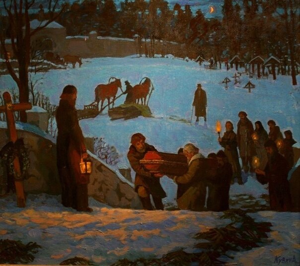 6(18) февраля 1837 года состоялись похороны А. С. Пушкина. На иллюстрации - картина Анатолия Кувина "Похороны Пушкина". Изображение из открытых источников.